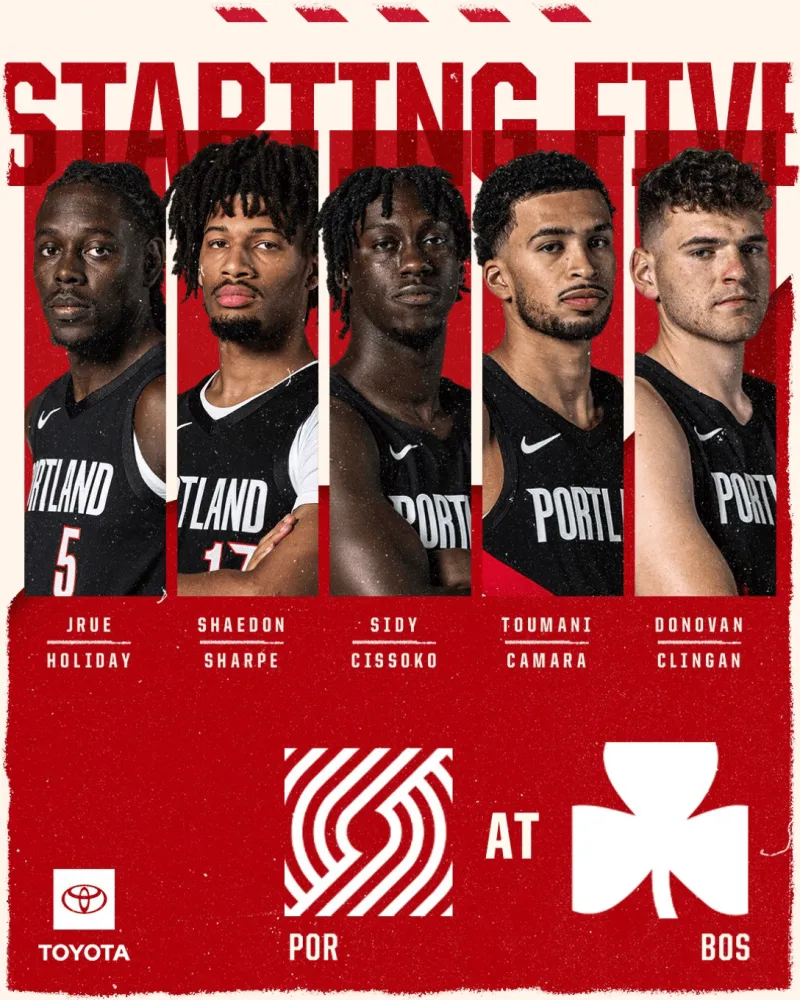 开拓者首发：霍勒迪、夏普、西索科、卡马拉、克林根